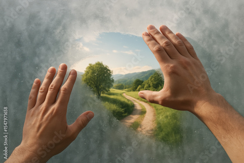 Clarity and focus emerge as hands clear fog from glass revealing a sunlit winding path through a green landscape symbolizing progress