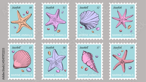 Postage stamps with starfish, seashells and pebbles.  Set of marine animals. Ocean underwater sink seashell conch aquatic mollusk.  Hand drawn vector. Cartoon. Sketch style.