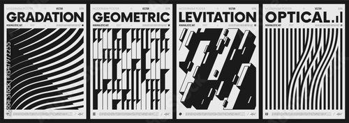 Modern abstract poster collection, vector minimalist posters with geometric shapes in black and white, brutalist style inspired graphics, bold aesthetic, shape distortion effect set 19
