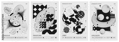 Brutalism style vector minimalistic Posters with silhouette postmodern figures, Futuristic abstract graphic wireframe elements of geometric shapes rave composition, Trendy modern print artwork set 90