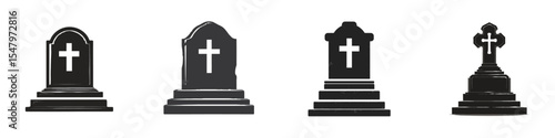 Various Black Silhouettes of Traditional Grave Markers and Crosses