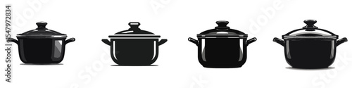 Collection of Black Cooking Pots in Silhouette on White Background