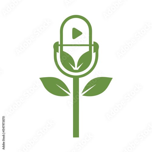 Green Eco Friendly Podcast Microphone Flower Icon with Play Button on White Background
