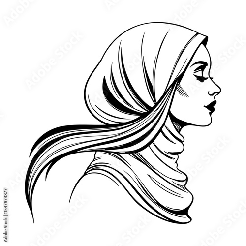 Hijabi woman face line art victor on white background