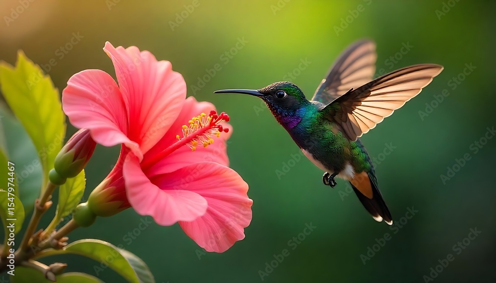 Fototapeta premium Vibrant Hummingbird Hovering Over Blooming Pink Flowers in Garden LightClose-Up of Colorful Hummingbird Feeding on Pink Blossoms in MidairGraceful Hummingbird Drinking Nectar from Bright Pink Flow