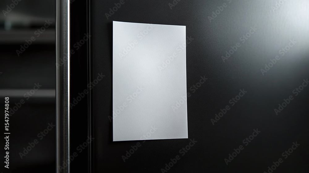 A detailed close-up of a blank note paper on a black fridge, with the focus on the texture of the paper and the fridge's surface A detailed close-up of a blank note paper on a black fridge, with the focus on the texture of the paper and the fridge's surface