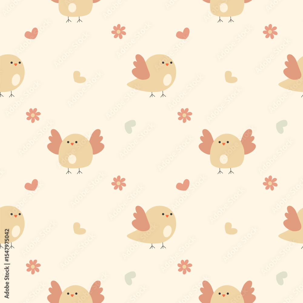Fototapeta premium Bird cartoon so cute. On flower heart background. Pattern seamless vector illustration. 