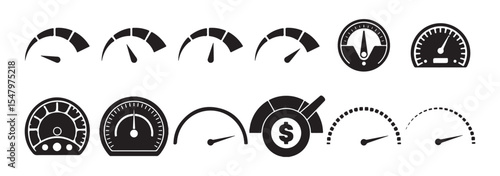 Black Speedometer and Gauge Icon Collection – Vehicle Dashboard Vector Symbols. Victor illustration eps 10