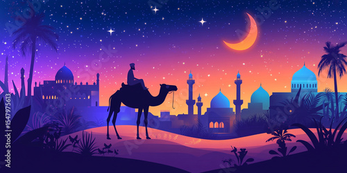 Wallpaper Mural A serene desert landscape at dusk with a crescent moon and stars, featuring a camel rider approaching a majestic mosque silhouette amidst palms and mountains. Torontodigital.ca
