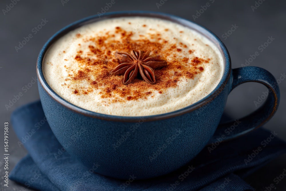 Cozy cup of creamy spiced beverage topped with aromatic cinnamon and star anise nestled on dark fabric backdrop highlighting its rich texture and inviting warmth perfect for winter moments Cozy cup of creamy spiced beverage topped with aromatic cinnamon and star anise nestled on dark fabric backdrop highlighting its rich texture and inviting warmth perfect for winter moments