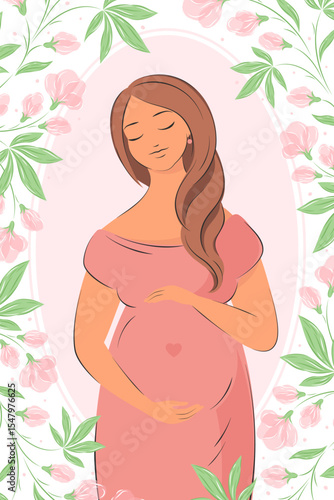 Pregnant woman, future mom. Banner about pregnancy, breastfeeding and motherhood. Vector illustration.