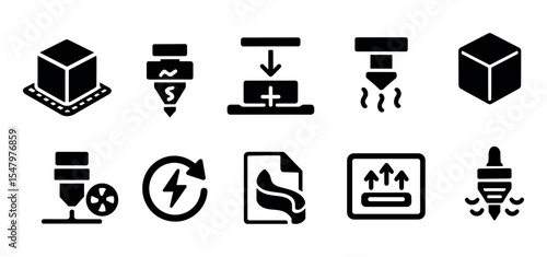 3d printing solid icon set. filament, extruder, calibration, cube icons solid collection