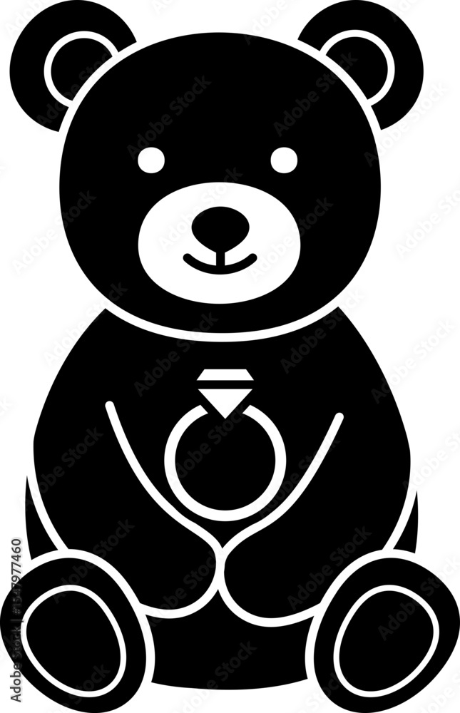 Fototapeta premium Cute bear holding Diamond ring silhouette. little teddy bear holding Diamond ring Valentine's Day silhouette vector. For celebrating Valentine's Day, wedding or birthday. 