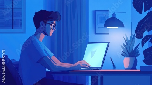 Young man with glasses working on a laptop at night. The room is illuminated by a blue light. A plant is on the desk, creating a cozy atmosphere.
