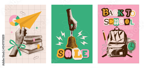 Back to School SALE collage posters set on colorful backgrounds with halftone elements - books, backpack, bell , hand holding paper plane, pencil, paper clips. Vintage zine vector illustration.