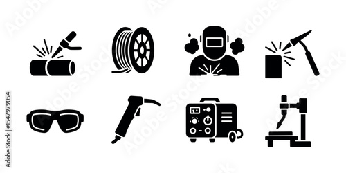 Welding and metalwork silhouette icon set. tools, safety equipment solid collection