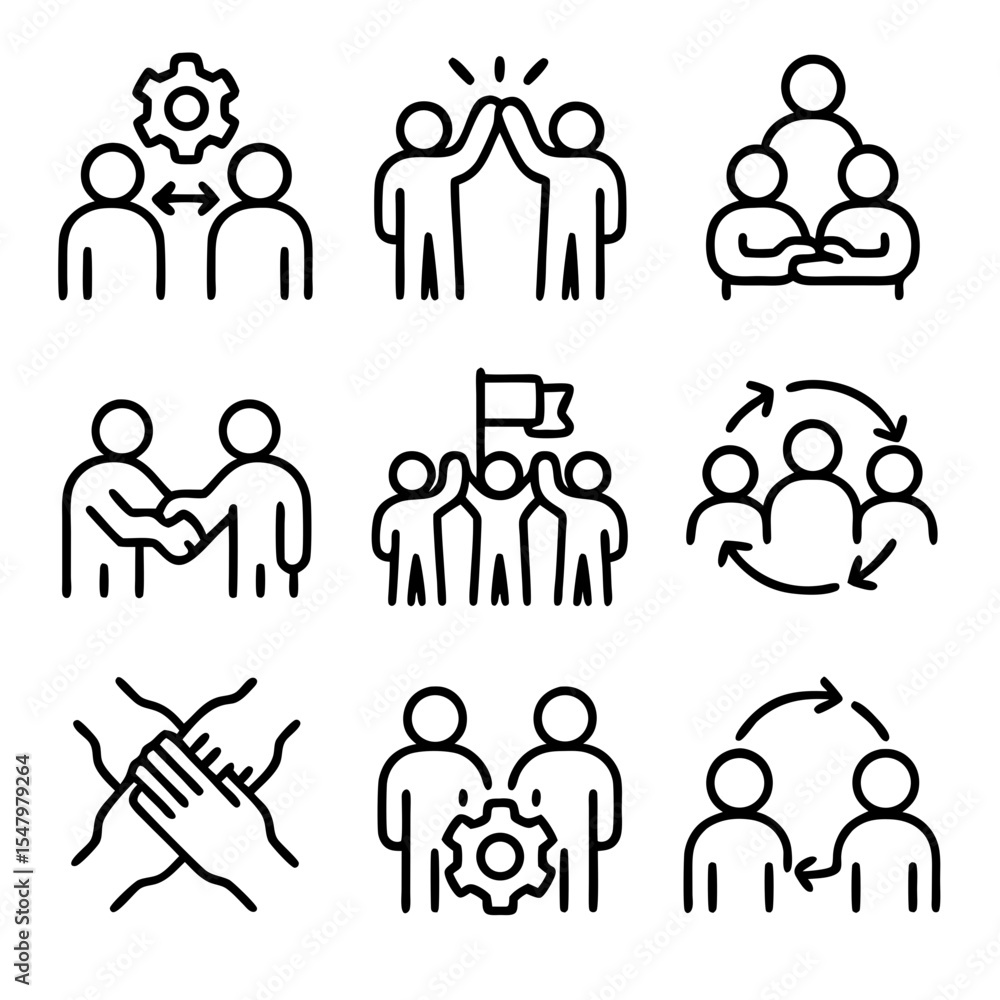 Simple Line Art People Collaboration Teamwork Success Goal Achievement Icons Set Simple Line Art People Collaboration Teamwork Success Goal Achievement Icons Set