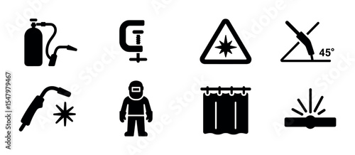 Welding, safety solid icon set. industrial equipment and protective gear solid collection