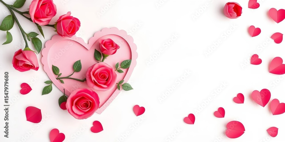 Heart-shaped pink paper cutout with rose illustrations on white background, Valentine's Day theme, romance, rose illustration Heart-shaped pink paper cutout with rose illustrations on white background, Valentine's Day theme, romance, rose illustration