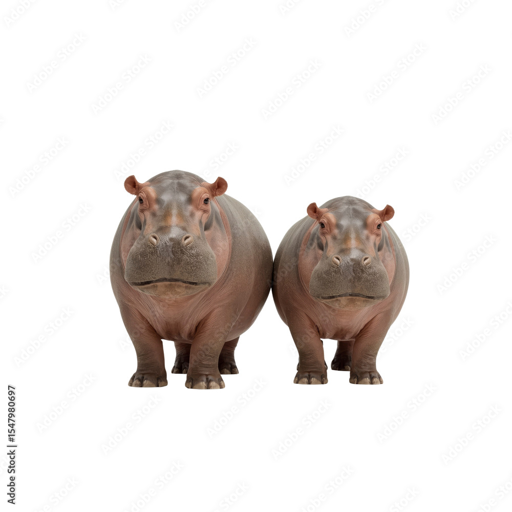 Two Hippos Standing Side-by-Side, Facing the Camera Two Hippos Standing Side-by-Side, Facing the Camera