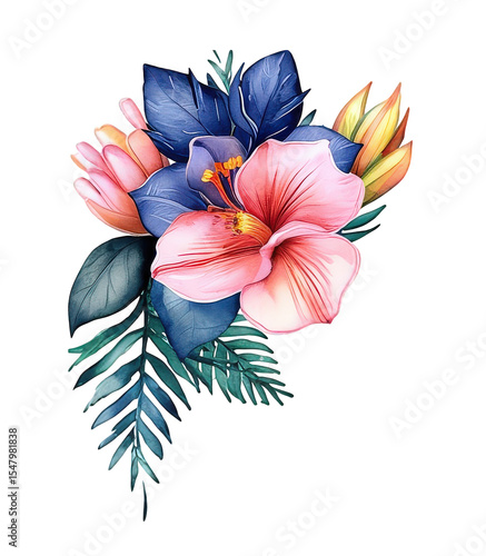Watercolor tropical floral frame with hibiscus and jungle leaves. Colorful square botanical border for wedding, invitation,  card, summer greeting decorative design and exotic art projects..