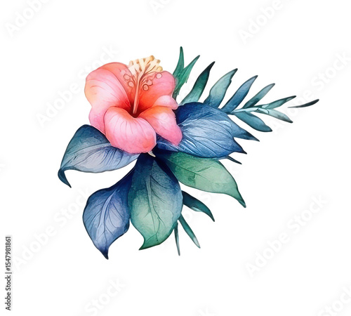 Watercolor tropical floral frame with hibiscus and jungle leaves. Colorful square botanical border for wedding, invitation,  card, summer greeting decorative design and exotic art projects..