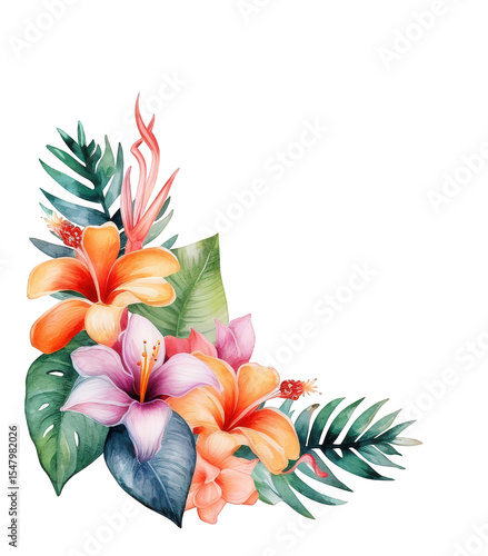 Watercolor tropical floral frame with hibiscus and jungle leaves. Colorful square botanical border for wedding, invitation,  card, summer greeting decorative design and exotic art projects..