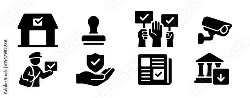 Voting and registration solid icon set. election, ballot, security icons solid collection