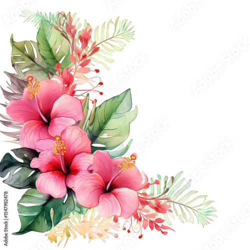 Watercolor tropical floral frame with hibiscus and jungle leaves. Colorful square botanical border for wedding, invitation,  card, summer greeting decorative design and exotic art projects..