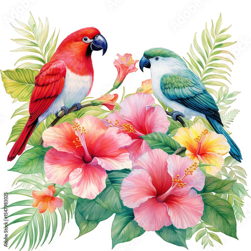 Watercolor tropical floral frame with hibiscus, birds and jungle leaves. Colorful square botanical border for wedding, invitation,  card, summer greeting decorative design and exotic art projects..
