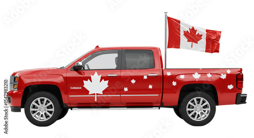 Canadian Pride on Wheels: A vibrant red pickup truck proudly displays the Canadian flag and maple leaf motifs, embodying patriotism and national identity.