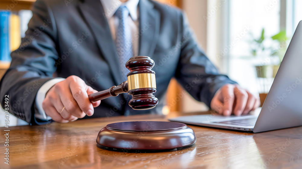 A professional hand raises a polished gavel above a sound block with a blurred laptop background on a wooden desk A professional hand raises a polished gavel above a sound block with a blurred laptop background on a wooden desk