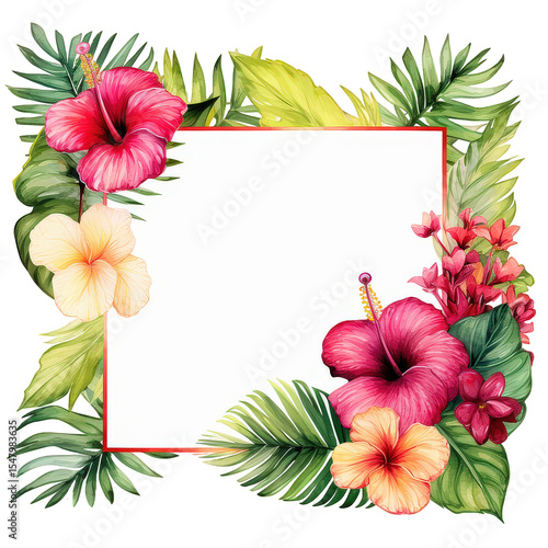 Watercolor tropical floral frame with hibiscus and jungle leaves. Colorful square botanical border for wedding, invitation,  card, summer greeting decorative design and exotic art projects..