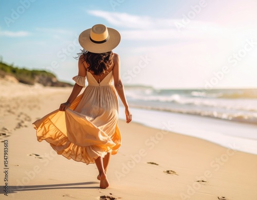 Fototapeta Naklejka Na Ścianę i Meble -  Woman walking on beach in summer dress