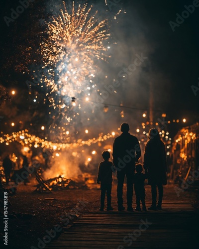 Family watching Diwali fireworks outdoors – Indian celebration with lights, parents and kids enjoying show