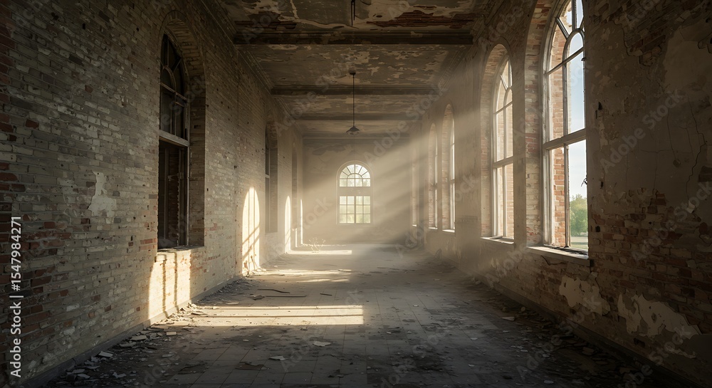 Obraz premium Abandoned brick corridor with sunbeams streaming through windows