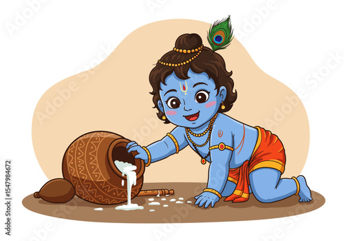 Cartoon vector illustration of baby Lord Krishna (Makhan Chor) stealing butter.