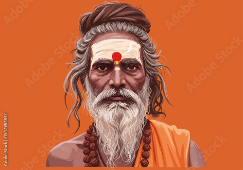Respectful vector portrait of a Sadhu (holy man) from Kumbh Mela, India.