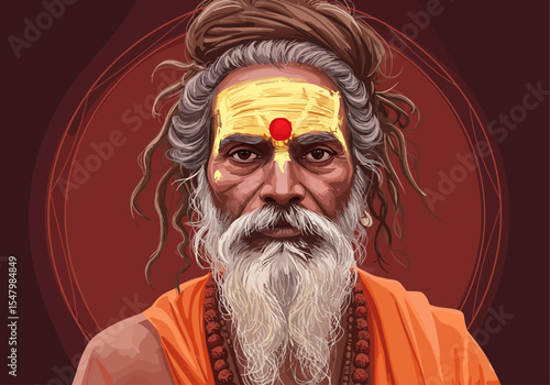 Respectful vector portrait of a Sadhu (holy man) from Kumbh Mela, India.