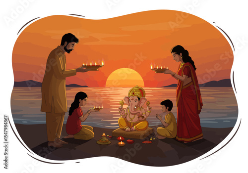 Indian family performing a prayer ritual for Ganesh Visarjan at sunset.