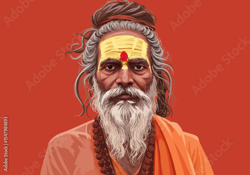 Respectful vector portrait of a Sadhu (holy man) from Kumbh Mela, India.