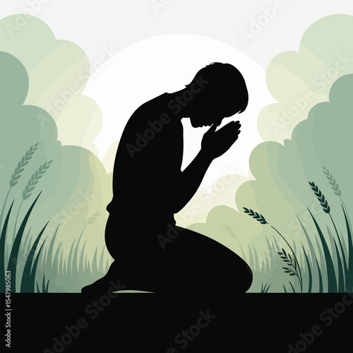 Man Kneeling Praying Silhouette Green Nature Background