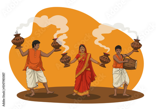 Devotees performing the traditional Dhunuchi dance during Durga Puja festival.
