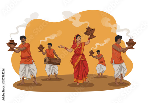 Devotees performing the traditional Dhunuchi dance during Durga Puja festival.