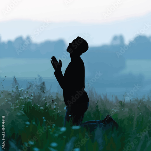 Silhouette Person Kneeling Praying in Field Dusk prayer
