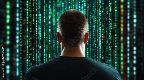 A computer engineer analyzing network traffic to decode hidden messages, copyspace