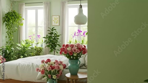 Bright and Serene Garden-Inspired Bedroom with Lush Greenery and Floral Decor