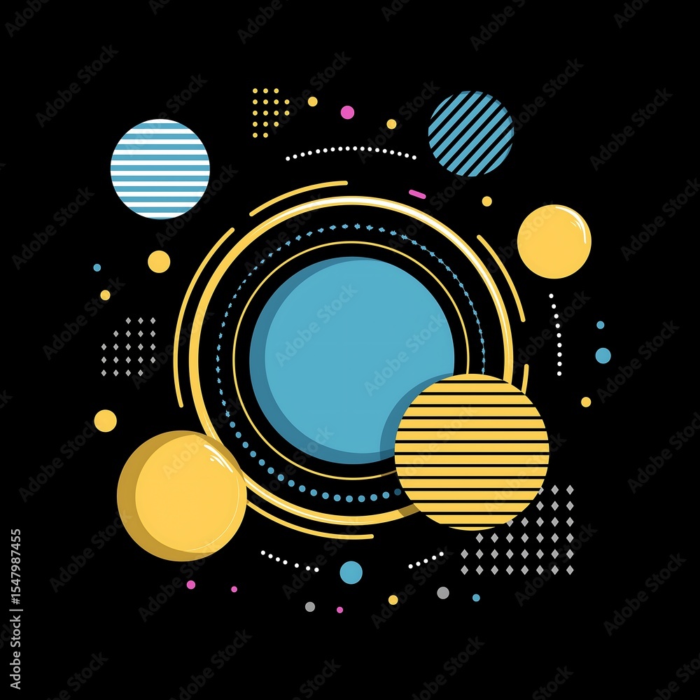 Obraz premium Vibrant Abstract Geometric Design with Circles and Lines on Black Background, Modern Memphis Style
