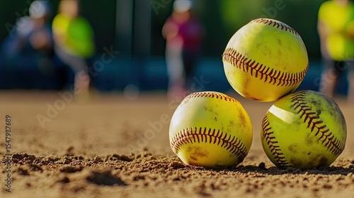 Softballs stacked on dusty field. Blurred figures of players in background