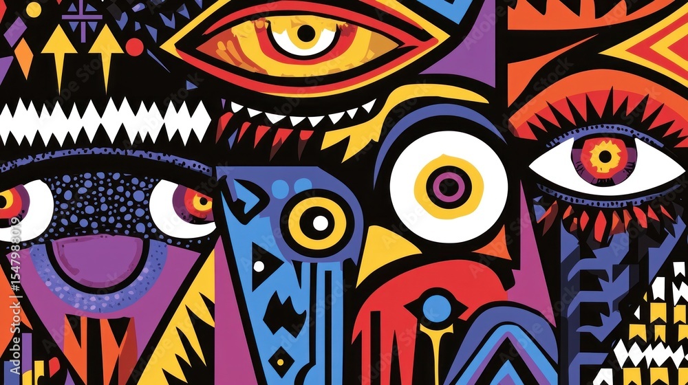 Vibrant abstract faces, eyes, and geometric shapes